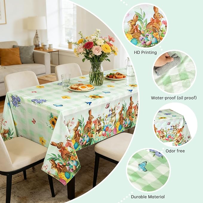 Accevo Easter Tablecloth 54 x 108 Inch Rectangle,2 Pack Easter Decorations, Disposable Plastic,Easter Bunny Table Cloth for Dining Room Spring Oblong Tablecloth Indoor Decor Party