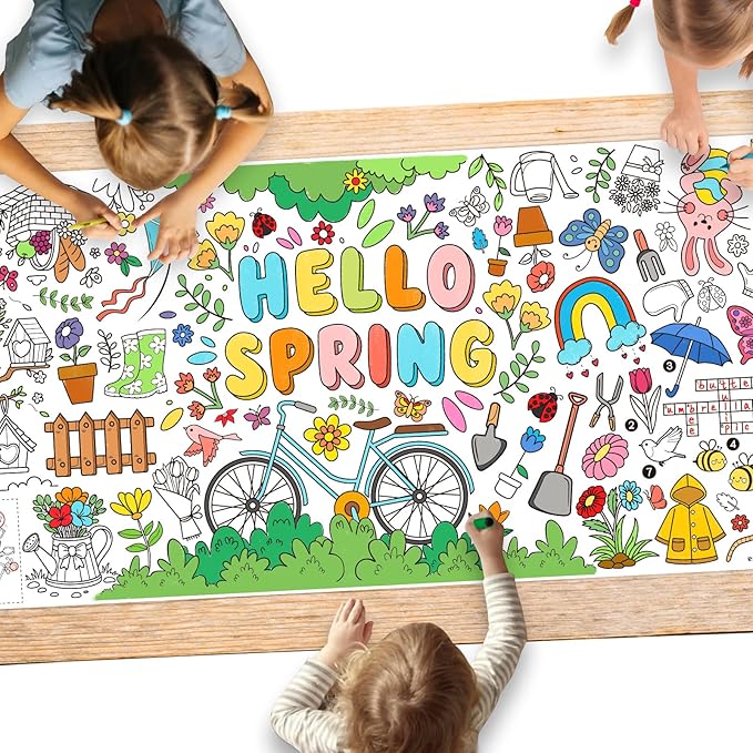 Gatherfun Hello Spring Giant Coloring Poster for Classroom - 31.5x72 Versatile Spring Activity Poster/Table Cover for School Parties,Birthday & Special Events Decoration