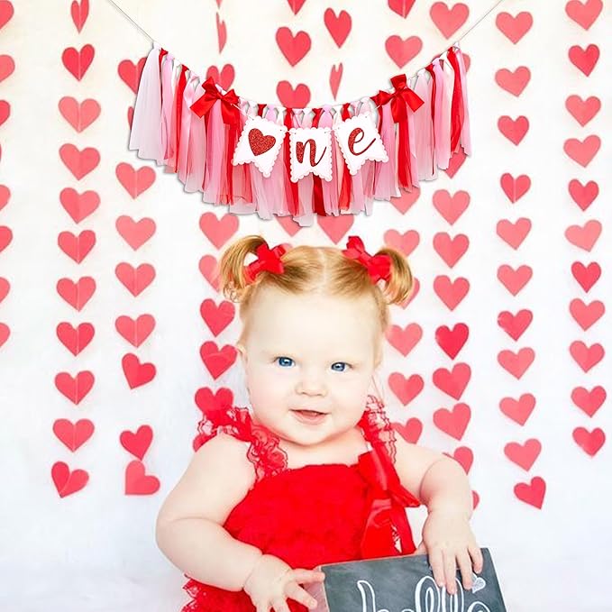 Valentine's Day One High Chair Banner - Valentine's Day Themed First Birthday Party Decoration Supplies Banner, Sweet 1st Birthday Party Banner, Sweetheart Sign Anniversary Milestone Celebration Highchair Banner