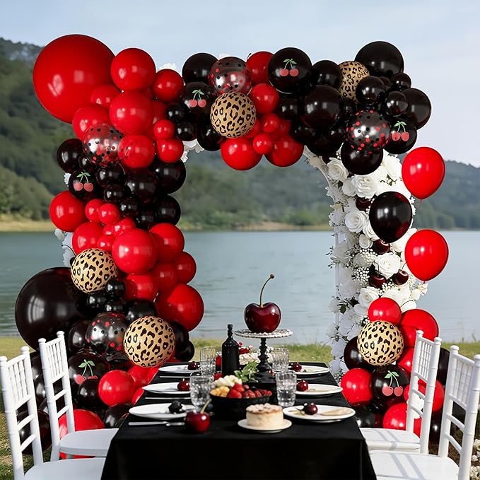 170Pcs Red and Black Balloons Garland Arch Kit, Cherry Black and Red Leopard Cheetah Printed Balloons for Women Cheetah Cherry Birthday Baby Shower Girl Night Bachelorette Party Decorations Supplies