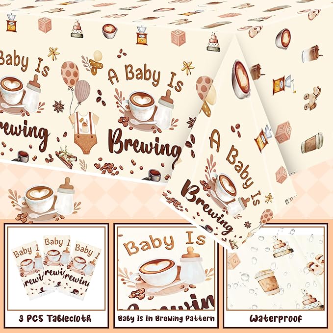 K1tpde 3PCS A Baby is Brewing Baby Shower Party Tablecloths for Kids, Coffee Themed Brown Plastic Tablecloths, Coffee Disposable Table Covers for Birthday Decorations, Pregnancy Diaper Party Supplies