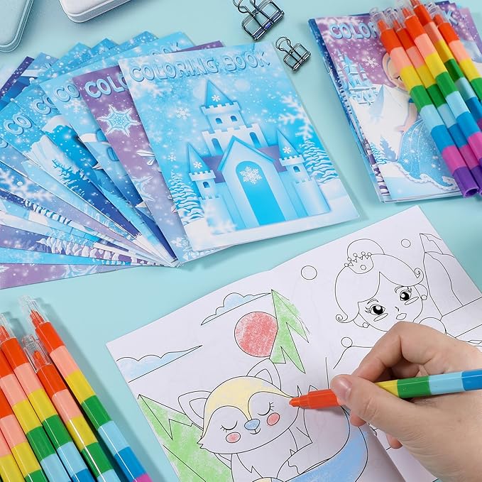 BenLouis 24 Pcs Frozen Mini Coloring Books Kids Winter Snowflake Party Favors Small Activity Books Bulk for Kids Winter Holiday Themed Goodie Bags Stuffers Return Gifts Classroom Travel