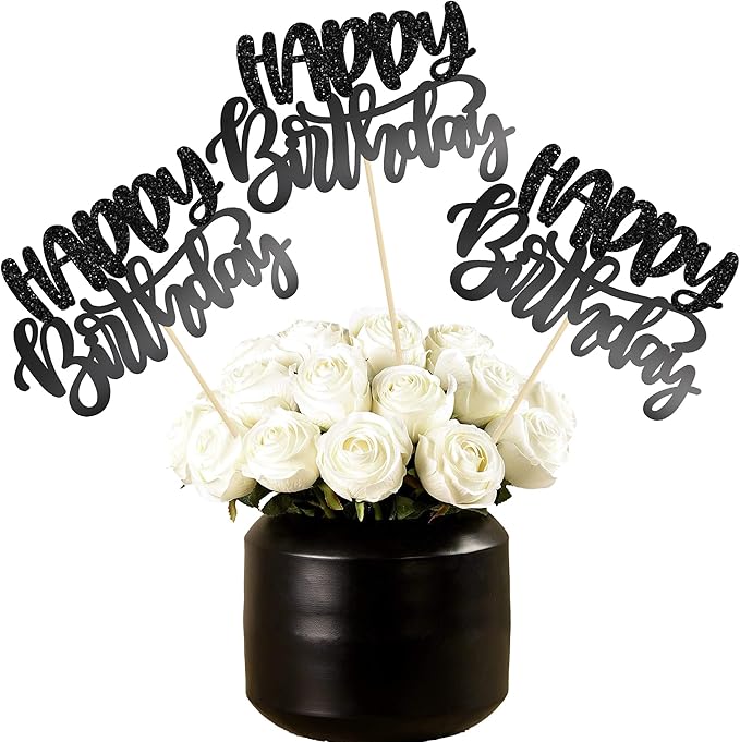 Gyufise 12Pcs Happy Birthday Centerpieces Sticks Double Sided Glitter Birthday Party Decorations Anniversary Table Flower Centerpiece for Celebrating Party Supplies Light Black