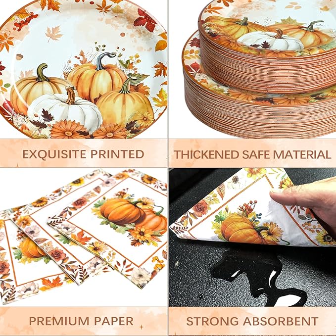 180 Pcs Fall Paper Plates and Napkins,Thanksgiving and Pumpkin Plates Disposable Dinnerware Set for Autumn Thanksgiving Party Supplies,Serve 60 Guests