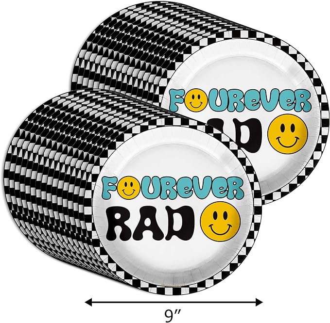Fourever Rad Smiley Face Fourth Birthday - 32 Piece Disposable Party Supplies - Decorations for Boy's 4th Birthday Round Party Plates - Large 9" Paper Plates In Bulk