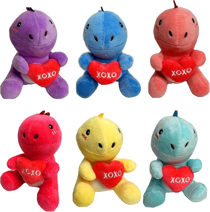 6PCS Cute Dinosaur with Red Heart Plush Toys,Dinosaur Stuffed Animals,Unique Gifts for Kids,Gift Exchange for Boys Girls Toddlers Class Classroom School Party Favor