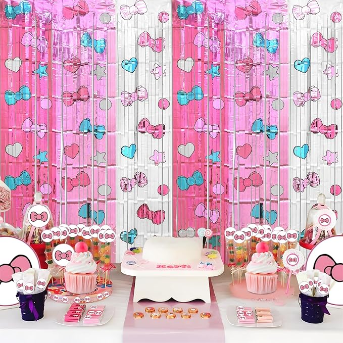 Kawaii Birthday Decorations, 2 Pack Cartoon Cat Theme Party Supplies, 3.3 x 6.6ft Tinsel Foil Fringe Curtains, Bow Photo Booth Props, Backdrop Streamers, Perfect Room & Doorway Decor for Girls