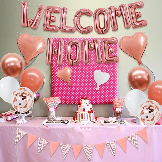 TONIFUL Welcome Home Decorations,16 Inch Rose Gold Welcome Home Foil Balloon Banner Rose Gold Confetti Balloons Pennant Flag Bunting for Homecoming Party House Warming Party Family Gathering Supplies
