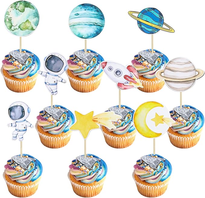 Ephlyn 36Pcs Space Astronaut Cupcake Toppers Planet Rocket Spaceship Trip to the Moon Star Cupcake Food Picks Universe Outer Space Theme Baby Shower Kids Birthday Party Supplies Blue