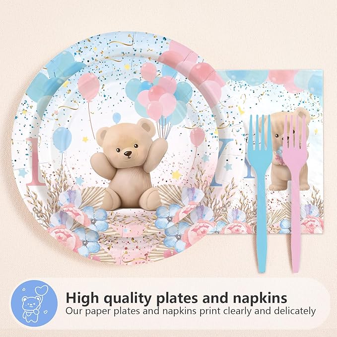 96Pcs Bear Baby Shower Party Decorations Pink Blue Boho Bear Birthday Plates and Napkins Tableware Sets for Girls Boys Baby Shower Gender Reveal Fall Wedding Birthday Holiday Party Supplies Serves 24
