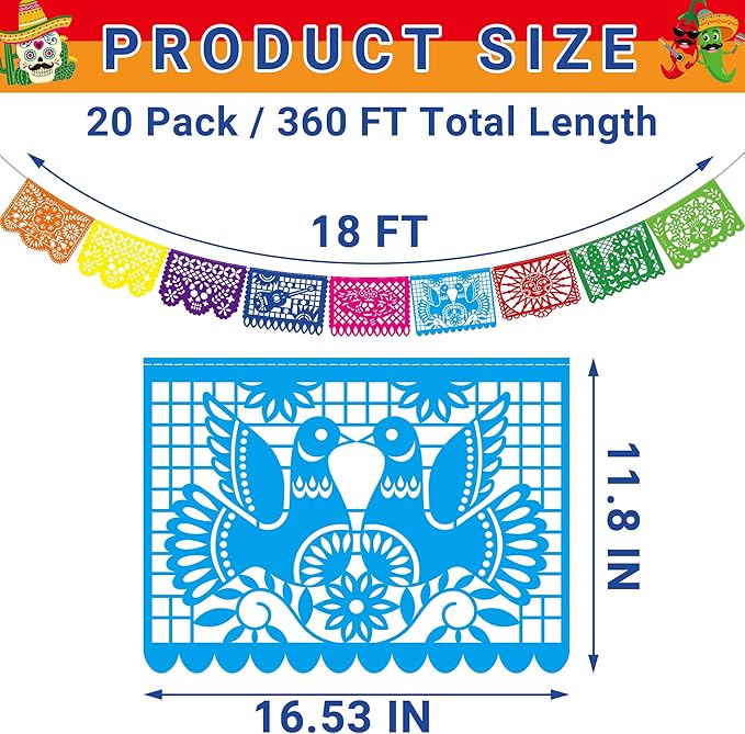 20 Pack Cinco De Mayo Banner, 360 FT Fiesta Banner Mexican Party Decorations Plastic Papel Picado Double Side Indoor Outdoor Home Yard String Flags Dia De Los Muertos Day of the Dead Hanging Decor