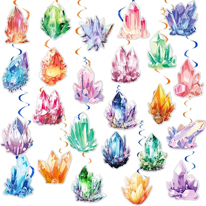 24 PCS Crystal Hanging Swirl Decorations Crystal Ceiling Streamers Hanging Decorations Geology Crystal Party Decorations for Crystal Birthday Party Supplies Baby Shower Decorations