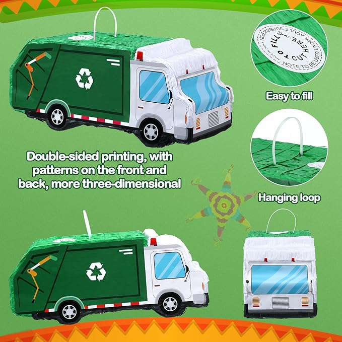 Garbage Truck Piñata 3D Trash Truck Birthday Decorations with a Blindfold and Bat for Kids Girls Boys Gift Holiday Piñata Party Baby Shower Supplies