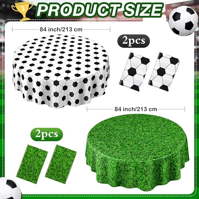 4 Pack Round Soccer Tablecloth 84 Inch Plastic Soccer Grass Party Decorations Disposable Grass Table Cloth Washable Disposable Circle Table Cover for Birthday Party Supplies Decoration