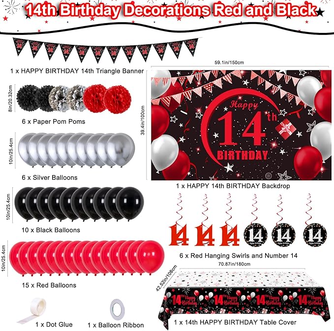 14th Birthday Decorations for Boys Girls, Red Black Happy 14 Birthday Party Decorations, 14th Birthday Backdrop Banner Tablecloth Triangle Flag Balloons, 14 Year Old Boy Bday Party Supplies Decor