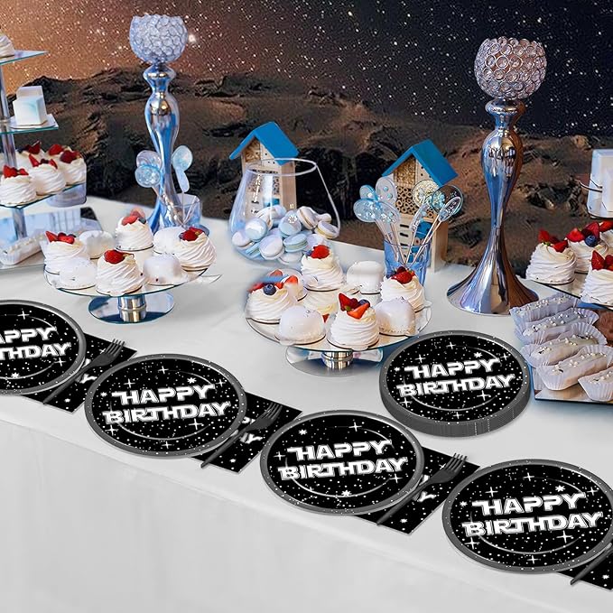 100Pcs Stars Birthday Party Decoration Galaxy Universe Plates and Napkins Space Theme Paper Plate Supplies for Outer Spaces Disposable Tableware Dinnerware Set Baby Shower Night Sky Decor for 25 Guest