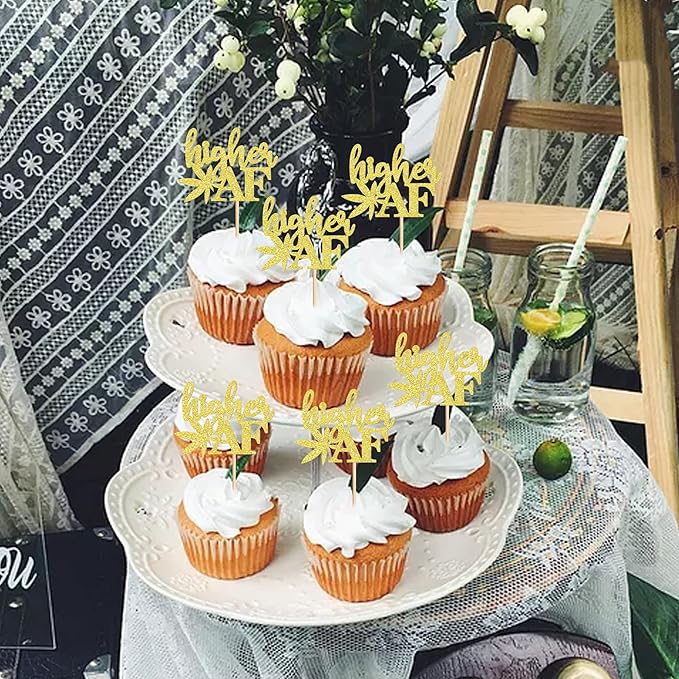 Ercadio 24 Pcs Gold Glitter Marijuana Cupcake Topper Have a Dope Theme Decor Supplies Man Woman Happy Birthday Party Decorations Supplies