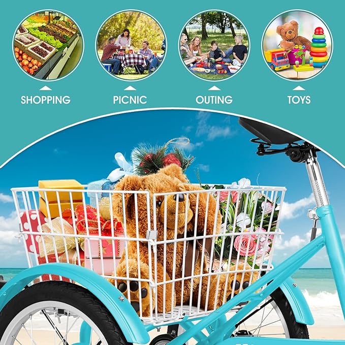 MOPHOTO 16 Inch Small Tricycle for Beginner Riders, Low Step-Through 3 Wheel Bike, Single Speed Trike with Hand Brakes, Adjustable Seat and Rear Basket, Fits Heights 3'9" to 4'9"