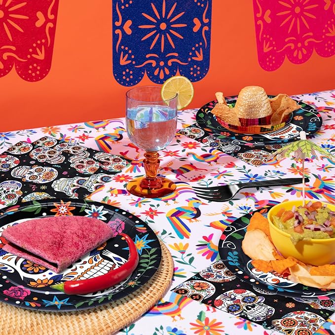 96 Pieces Day of the Dead Tableware Set - Mexican Sugar Skull Pattern Disposable Plates, Napkins, and Forks for Dia de los Muertos, Halloween, Fiesta, and Cultural Celebrations – Serves 24