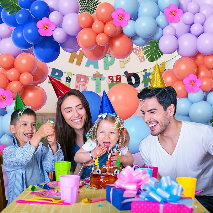 Stich 131Pcs Balloon Birthday Party Decorations - Blue Purple Arch Kit with Happy Birthday Banner, Palm Leaves, Flowers for Kids, Baby Shower, Tropical Party Supplies