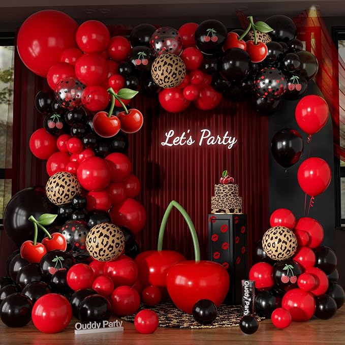 170Pcs Red and Black Balloons Garland Arch Kit, Cherry Black and Red Leopard Cheetah Printed Balloons for Women Cheetah Cherry Birthday Baby Shower Girl Night Bachelorette Party Decorations Supplies