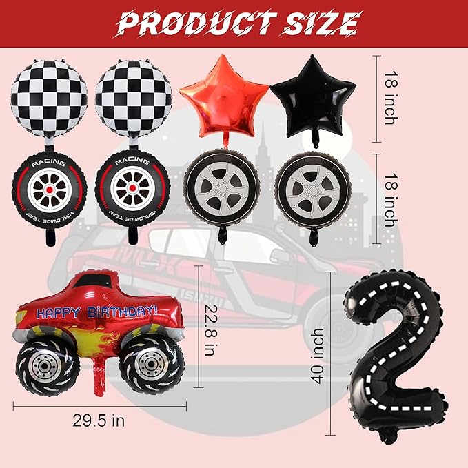 Monster Truck Balloons Party Decorations - 11 Pcs Black Birthday Number 2 Foil Tire Balloons Decor For Boys Girls 2nd Birthday Race Car Themed Party Supplies