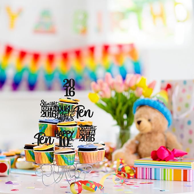30PCS Black 10th Birthday Cupcake Toppers Glitter Ten Happy 10 Straight Outta 2016 Cupcake Picks for Cheers to 10 Years 10th Birthday Wedding Anniversary Party Cake Decorations Supplies