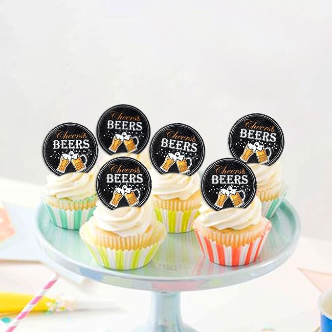 Ercadio 40 PCS Edible Beer Party Cupcake Toppers Cheers and Beers Happy Birthday Party Decorations for Father's Day Whiskey Beer Cake Drink Topper Favor for Summer Family Party Decor Supplies