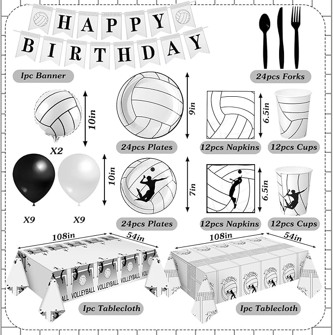 Zhehao 143 Pcs Black Volleyball Birthday Decorations Party Supplies Serves 24 Include Volleyball Themed Plate Fork Napkin Cup Banner Balloon Tablecloth for Sports Theme Birthday Party Favor