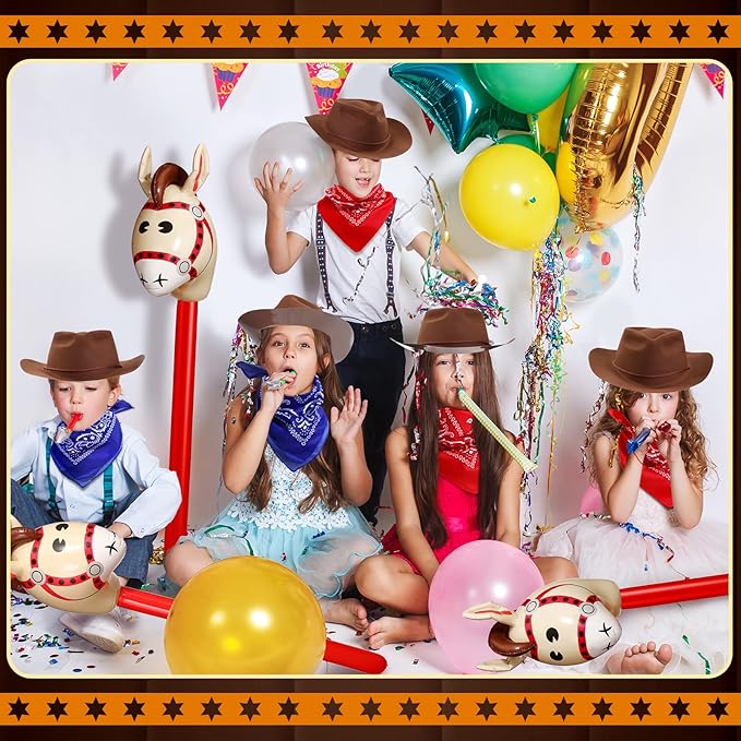 Xtinmee 36 Pcs Cowboy Party Costume Set, Cowboy Hats Paisley Bandanas Inflatable Stick Horses Kids Party Supplies