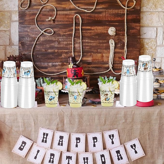 100 Pcs Western Cowboy Plastic Cups, 12 oz Blue Clear Disposable Party Cups for Baby Shower, Birthday Supplies