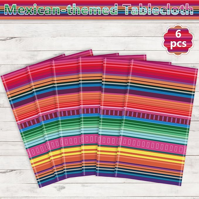 6Pcs Mexican Fiesta Striped Party Tablecloth Mexican Serape Tablecloths for Mexican Wedding Birthday Party Decorations Outdoor Indoor Party Supplies