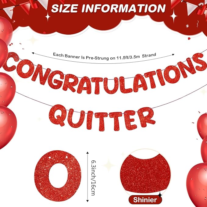 Fulmoon Pre Strung Congratulations Quitter Glitter Banner Funny Retirement Banner Graduation Party Decorations Going Away Supplies Garland for Men Women Gifts, No DIY(Red)