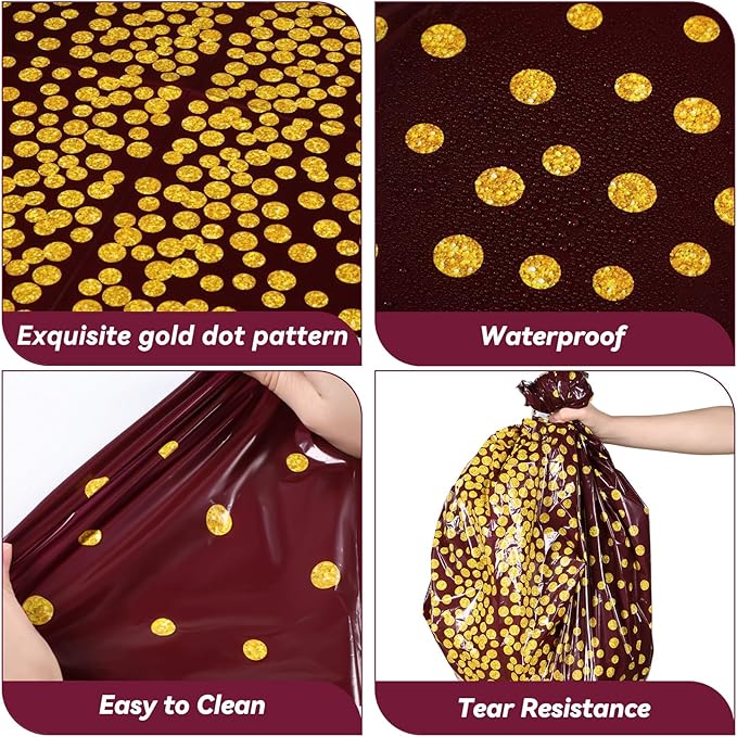 VitalCozy Round Dot Tablecloth 84 Inch Plastic Table Cover Polka Dot Confetti Tablecloths for Easter 2026 Graduation Prom Wedding Birthday Spring Party Supplies(Maroon and Gold,3 Pcs)