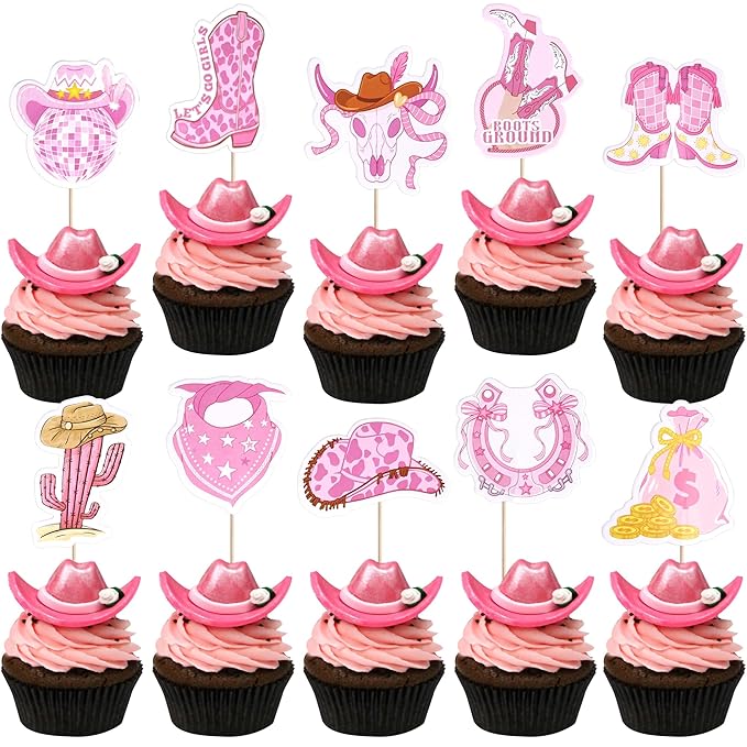 40 PCS Cowgirl Cupcake Toppers HorseShoe Hat and Boot Cupcake Picks Cactus Bandana Disco Ball Cake Decorations for Western Cowgirl Theme Baby Shower Kids Birthday Lets Go Girls Party Supplies