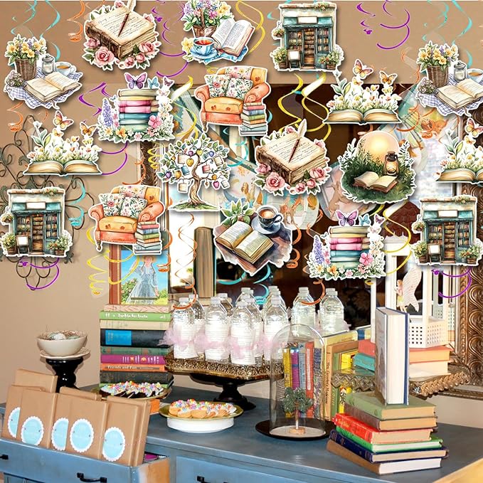 30CT Book Themed Hanging Swirls Party Decorations Vintage Book Party Decor Reading Lover Book Club Ceiling Streamers Book Sign Library Bookworm Supplies for Birthday Baby Shower Reading Party
