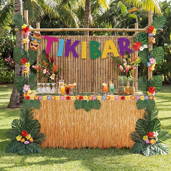 22 Pcs Tiki Bar Hut Kit with Banner 20 Realistic Palm Leaves and Gold Grass Table Skirt 108 x 29.5 in Tropical Luau Tiki Bar Decorations for Hawaiian Party Beach Pool Summer Luau Party Supplies