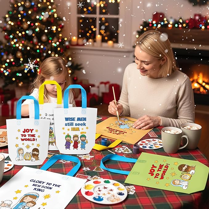 Christmas Coloring Goodie Bags for Kids - 24Pcs Nativity Bulk Color Your Own Gift Bags with Handle Religious Theme Reusable Non Woven Coloring Tote Packet for DIY Painting Crafts Holiday Party Favors