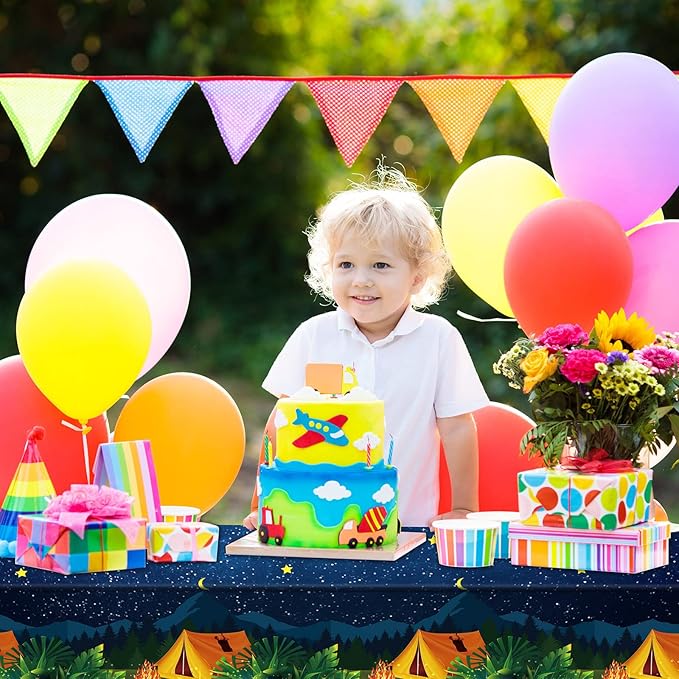 Chinco 3 Pieces Camping Tablecloth Party Decorations Campfire Plastic Rectangular Table Cover Camp Birthday Party Supplies Picnic Hiking Adventure Supplies