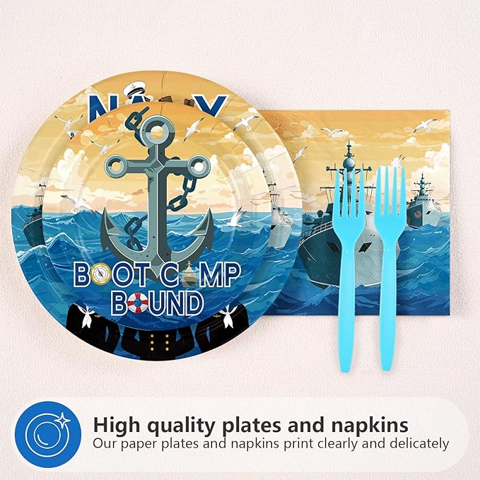 96Pcs Navy Party Supplies Navy Bound Theme Plates and Napkins Blue Military Tableware Set for Boys Men Nautical Baby Shower Anchor Birthday Party Decorations Serves 24