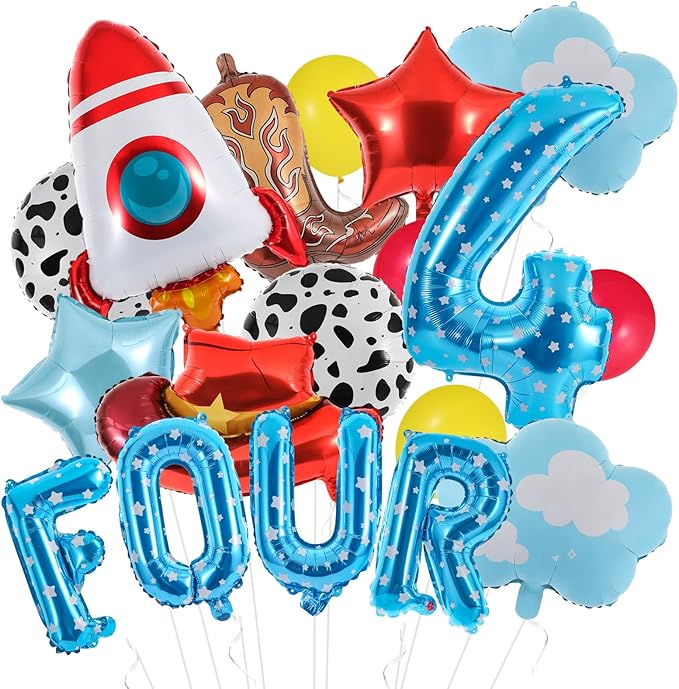 18Pcs Toy Themed Party Decorations Cartoon 4th Birthday Decorations Blue Sky White Clouds Cowboy Hat Boots Rocket Balloons Reach Four The Sky Toy Inspired Birthday Party Supplies