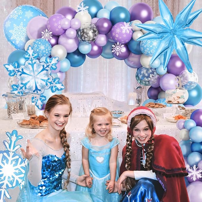 Amandir 162PCS Snow Birthday Party Supplies, Snow Balloon Garland Arch Kit Fringe Curtain Blue Purple Snowflake Confetti Balloons Princess Winter Wonderland Girl Baby Party Decorations