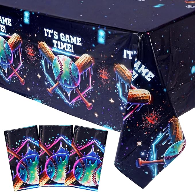3 Pcs Baseball Drip Ice Cream Neon Party Tablecloth Black Baseball Drip Table Cover Decor Neon Sports Party Supplies Summmer Gathering Decoration Birthday Anniversary