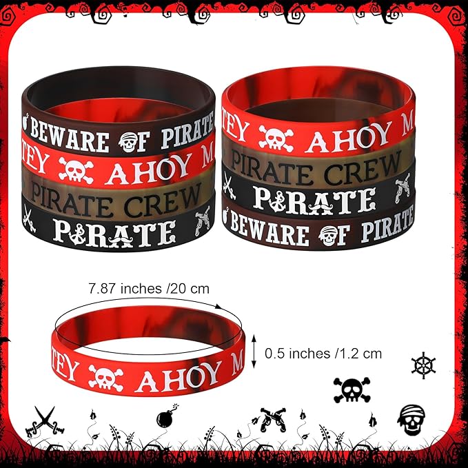 Capoda 48 Pcs Pirate Silicone Bracelets Ahoy Matey Caribbean Rubber Wristbands Skull Pirate Ship Party Favors for Girls Boys Birthday Decorations Halloween Party Supplies