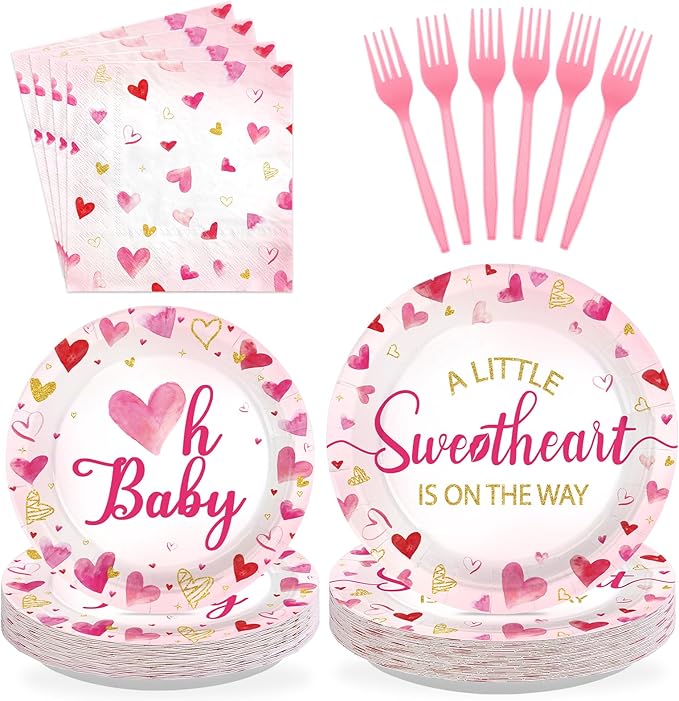 96Pcs Valentine's Day Baby Shower Party Supplies A Little Sweetheart is on The Way Party Plates and Napkins Disposable Watercolor Love Heart Tableware Set for Kids Baby Shower Decorations Serves 24