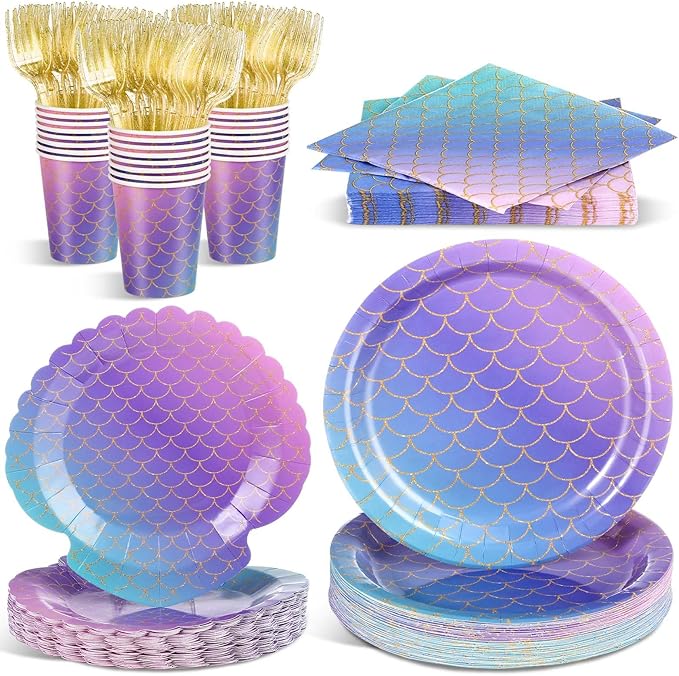 120 Pcs Mermaid Party Supplies Mermaids Themed Decorations Under the Sea Disposable Dinnerware Set Includes Plates Napkins Cups Fork for Birthday Party, Serves 24 Guests