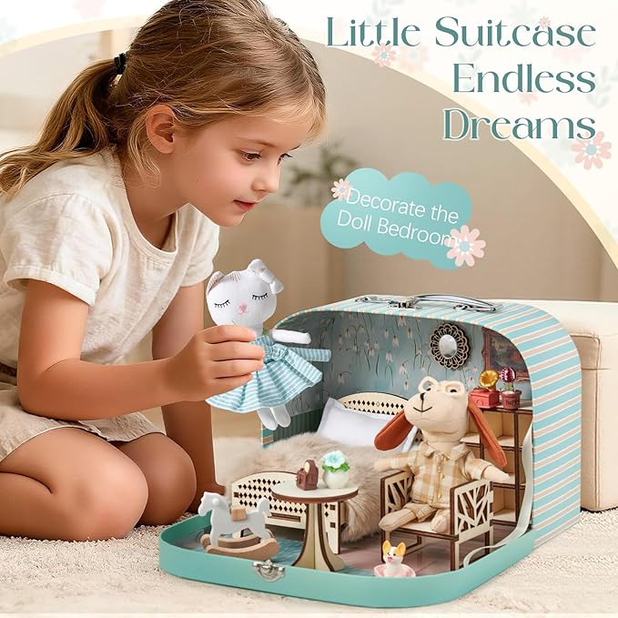 Portable Dollhouse Suitcase for Ages 3-8, Foldable Bedroom Playset with 21 Wooden Furniture, Cute Animal Dolls & Accessories, Travel-Friendly Pretend Play Toy