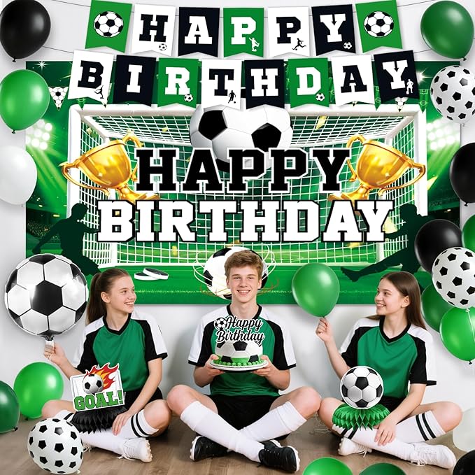 Soccer Birthday Party Decorations, 44Pcs Soccer Party Decorations Included Foil & Latex Balloons Happy Birthday Backdrop Tablecloth Cake Toppers Honeycomb Centerpieces for Boys’ Soccer Party Supplies