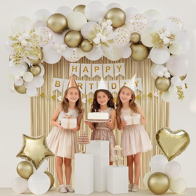 White and Gold Birthday Decorations for Women, Happy Birthday Party Decorations, Happy Birthday Banner, Gold White Sand Ivory Balloons, Tissue Paper Pompoms, Heart Garland, Party Decor for Girls