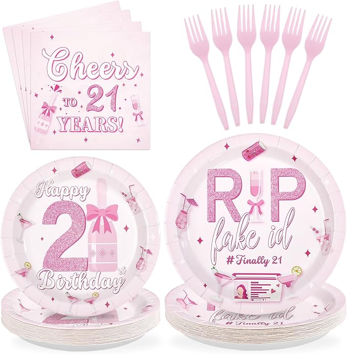96Pcs Happy 21st Birthday Decorations Young Cheers to 21 Years Plates and Napkins Rip Fake Id Finally 21 Birthday Decoration Favors for Girls 21 Years Old Bday Party Supplies Serves 24